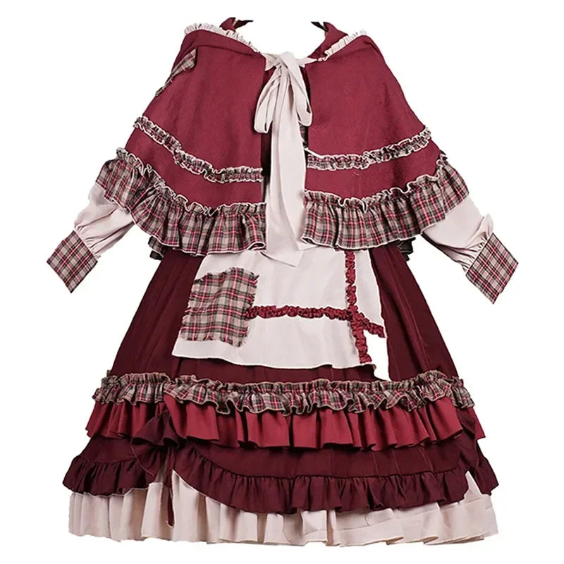 2025 HOT Sweet Girl Lolita Women Dress Vintage Patchwork Red Dresses with Cloak Cute Female Bing Cosplay Little Red Riding Hood