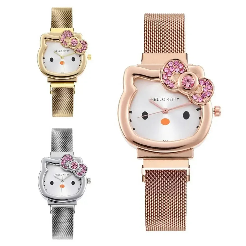 Sanrio Anime Hello Kitty Bow Set Diamond Watch Fashion Quartz Watch Cute Cartoon Magnet Small Dial Watch Girl Birthday Gift
