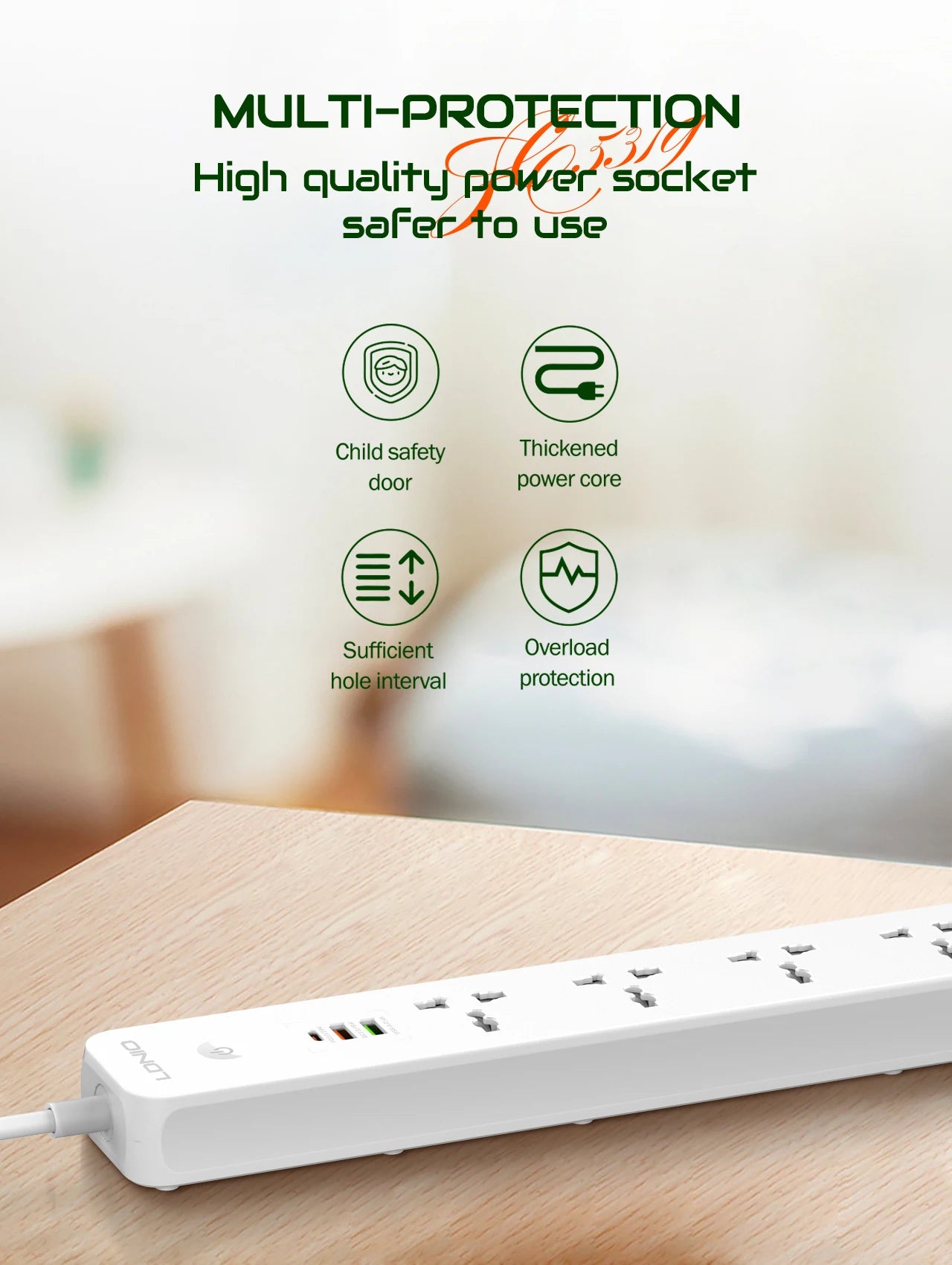 LDNIO 2500W Power Strip with 5 AC Outlets & 3 USB Charging Ports 2M Extension Cable Kitchen Household  EU UK US Plug