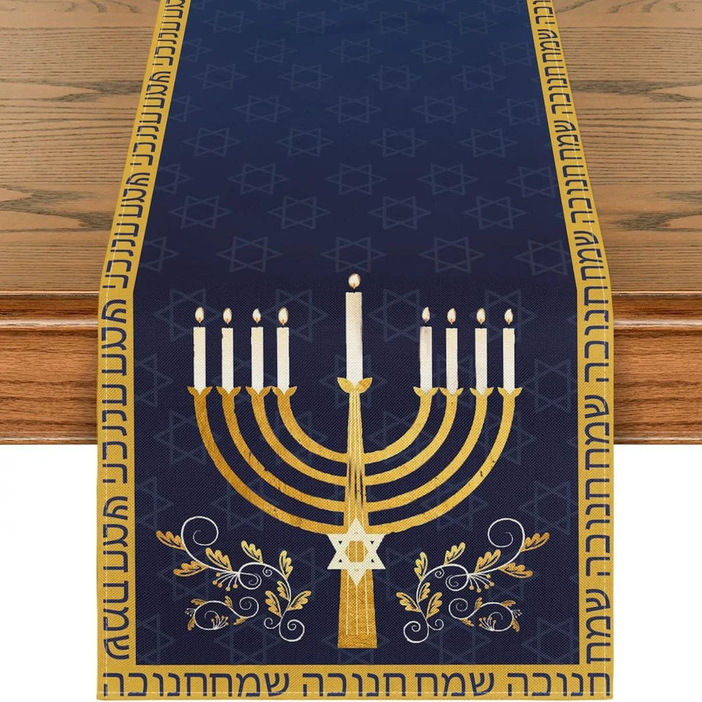 Menorah Hexagram Dreidel Hanukkah Table Runner, Chanukah Holiday Kitchen Dining Table Decoration for Home Party Decor