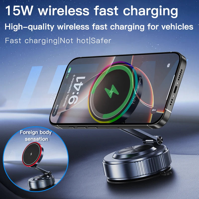 15W Car Magnetic Wireless Charger Vacuum Bracket Phone Holder for Magsafe iPhone 17~12 Pro Max Fast Charging Suction Cup Station