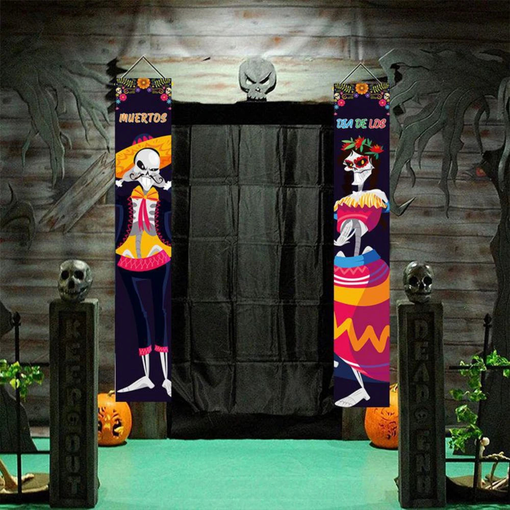Halloween Decorative Props Mexican Day of the Dead flag Hanging Outdoors Hanging Porch Sign Halloween Welcome Signs Home Decor