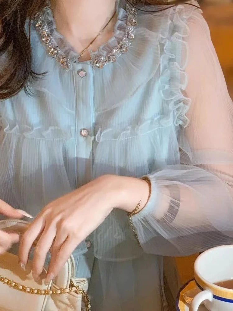 Sweet Ruffled Women Shirts 2026 Camisas De Mujer Long Sleeve Loose Blouses Vintage Single Breasted Pleated Chic Korean Blouse