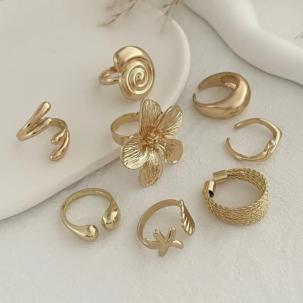 8-Piece Set Retro Metal Petal Water Drop Open Ring Women's