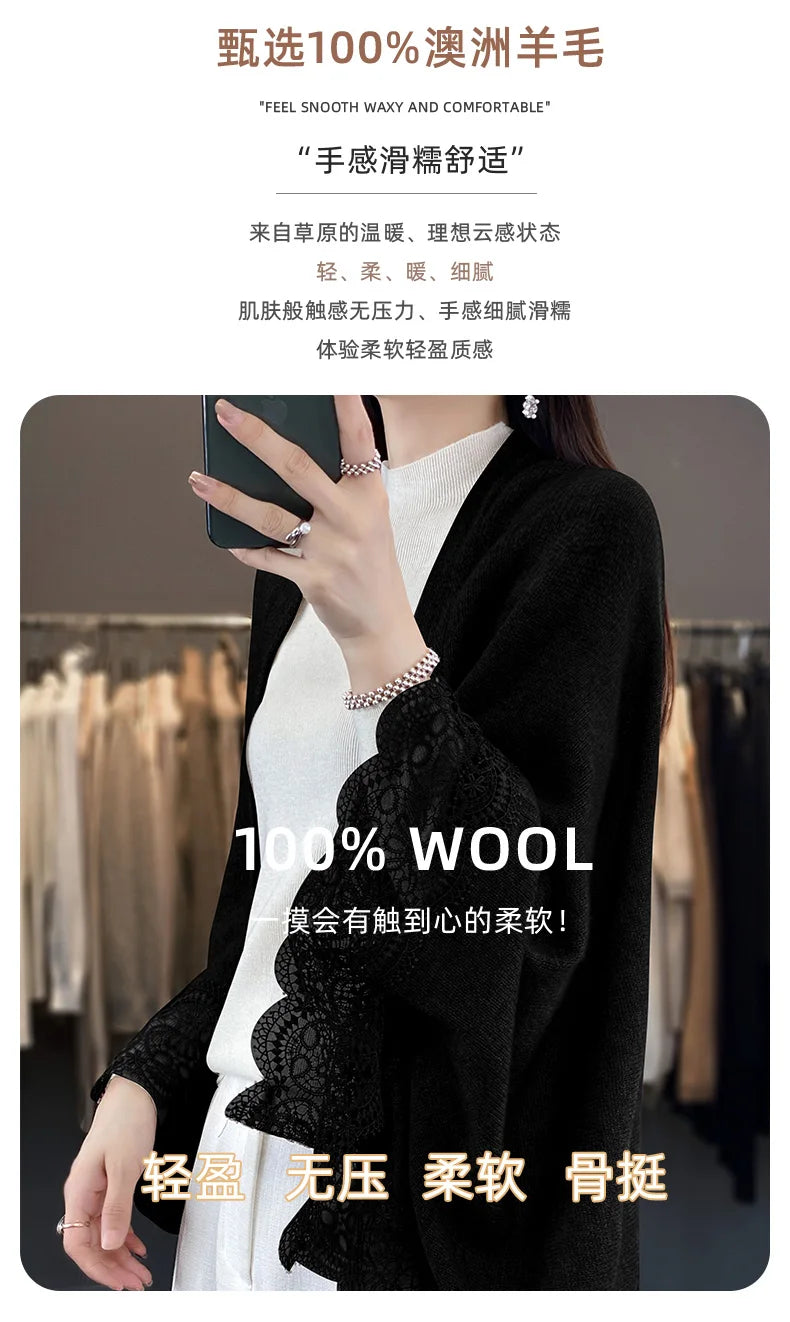 Popular Lace Edge 100% Wool Knitted Shawl Spring Autumn Thin Women's Soft, Skin friendly, Breathable, and Fashionable Cardigan