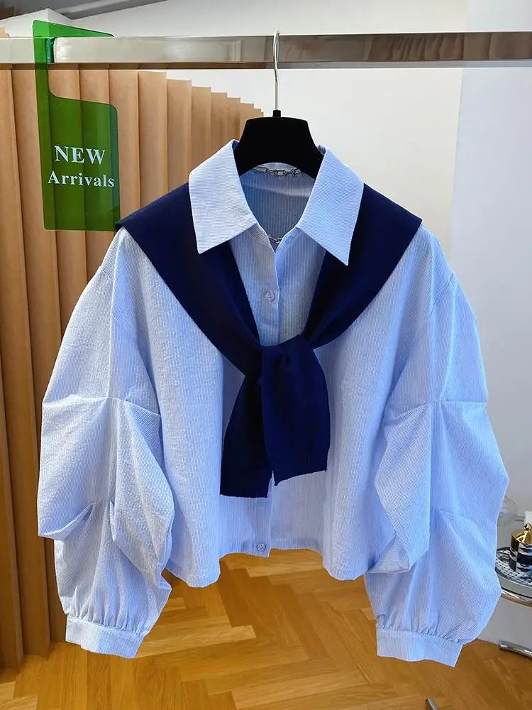 Knitted Shawl With Blue Striped Shirt For Women's Two-piece Top 2025 New Loose Layered Autumn blouse