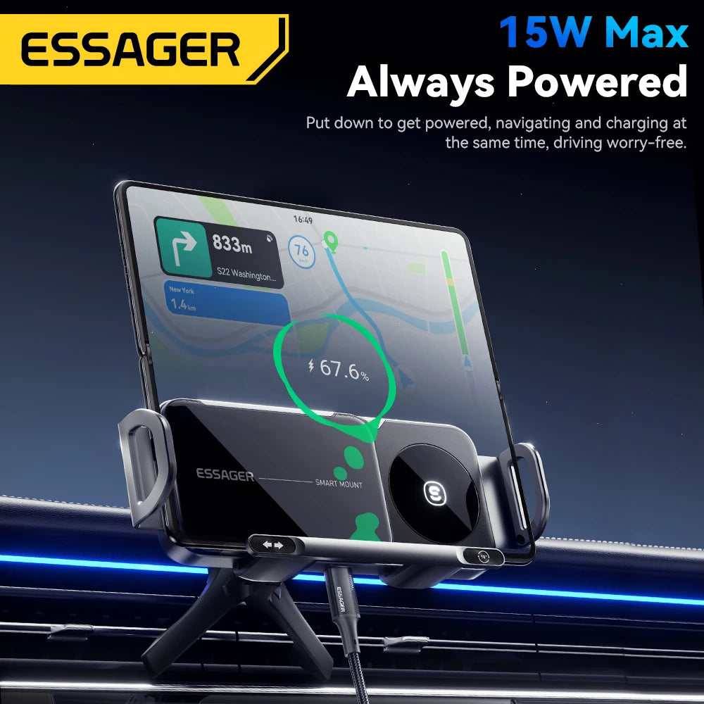 Essager 15W Car Wireless Charger Dual Coil One-Touch Rotatable Car Phone Holder For Samsung Galaxy Z Fold6 5 4 Flip 6 5 4 iPhone
