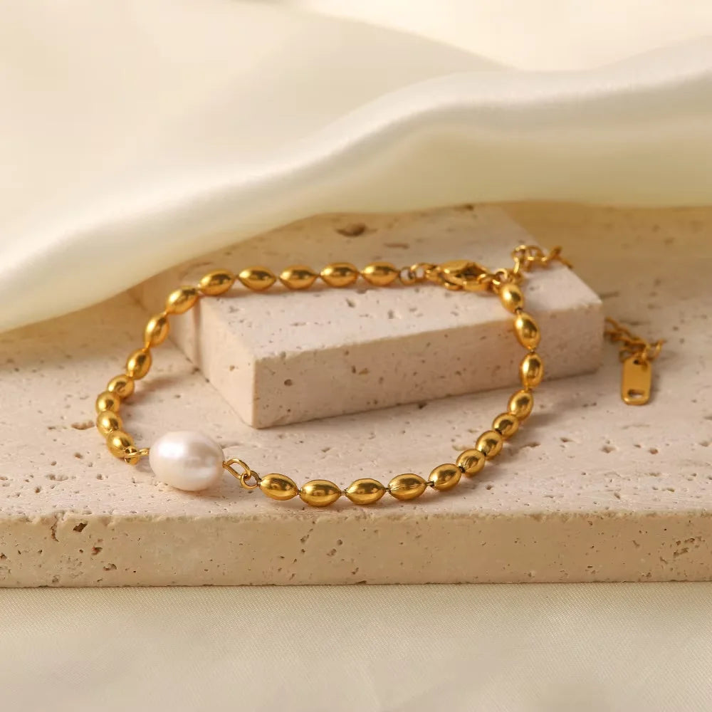 316L Stainless Steel Fashion Vintage Fake Round Pearl Beads Chain Necklace Bracelet Single Pearl Pendant Jewelry Set for Party