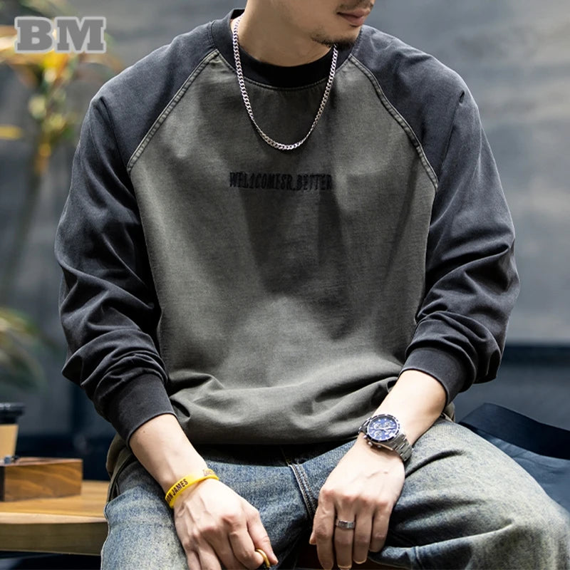 Spring Autumn High Quality Cotton Long Sleeve T Shirt Men Plus Size Patchwork Sweatshirt Korean Streetwear Fashion Sport Tops