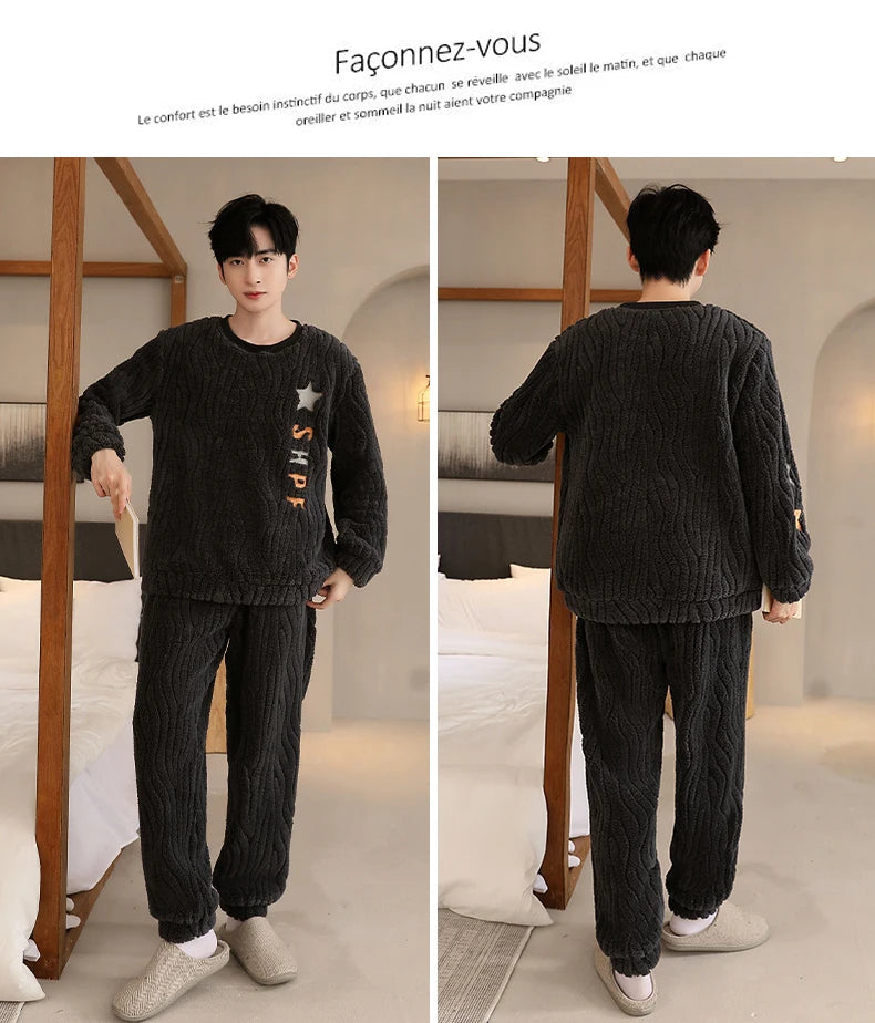 Men's Winter Jacquard Weave Flannel Pajamas Set Coral Fleece Cartoon Sleepwear Homewear Thick Warm Male Suit Fall Sweatshirt 5XL