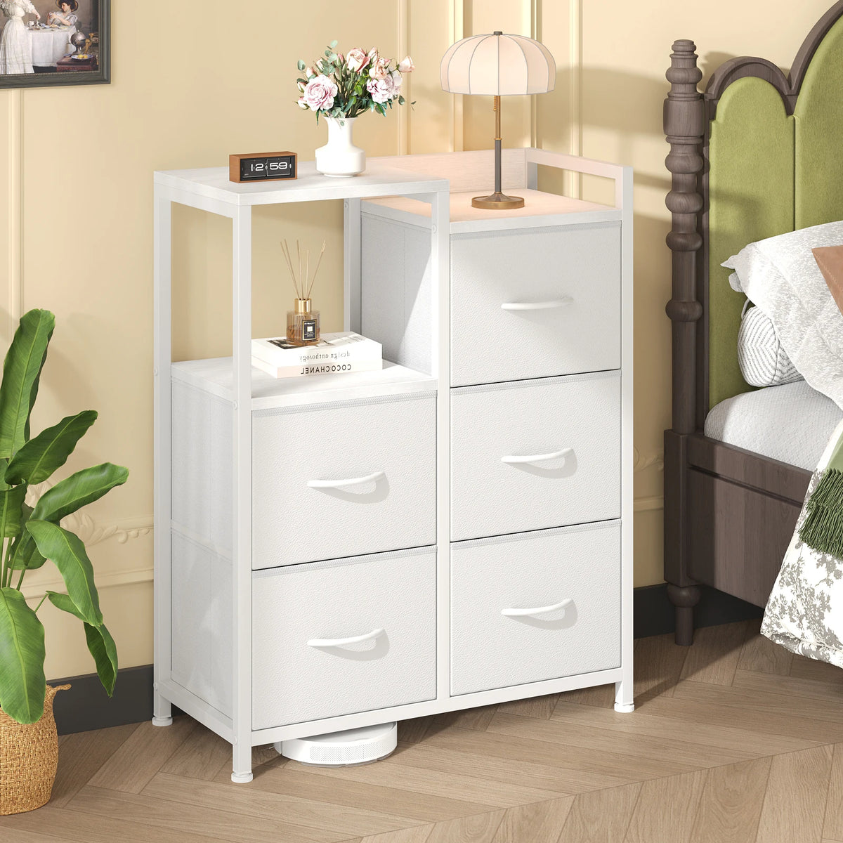 JHK 5 Fabric Drawer Chest with Raised Shelf Metal