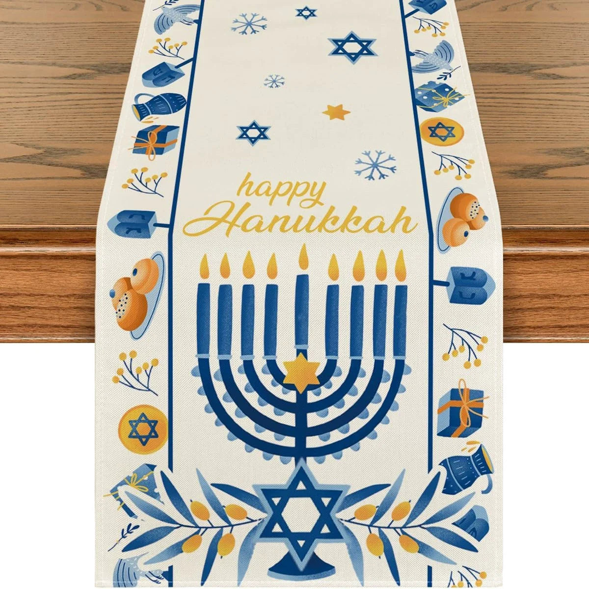 Menorah Hexagram Dreidel Hanukkah Table Runner, Chanukah Holiday Kitchen Dining Table Decoration for Home Party Decor