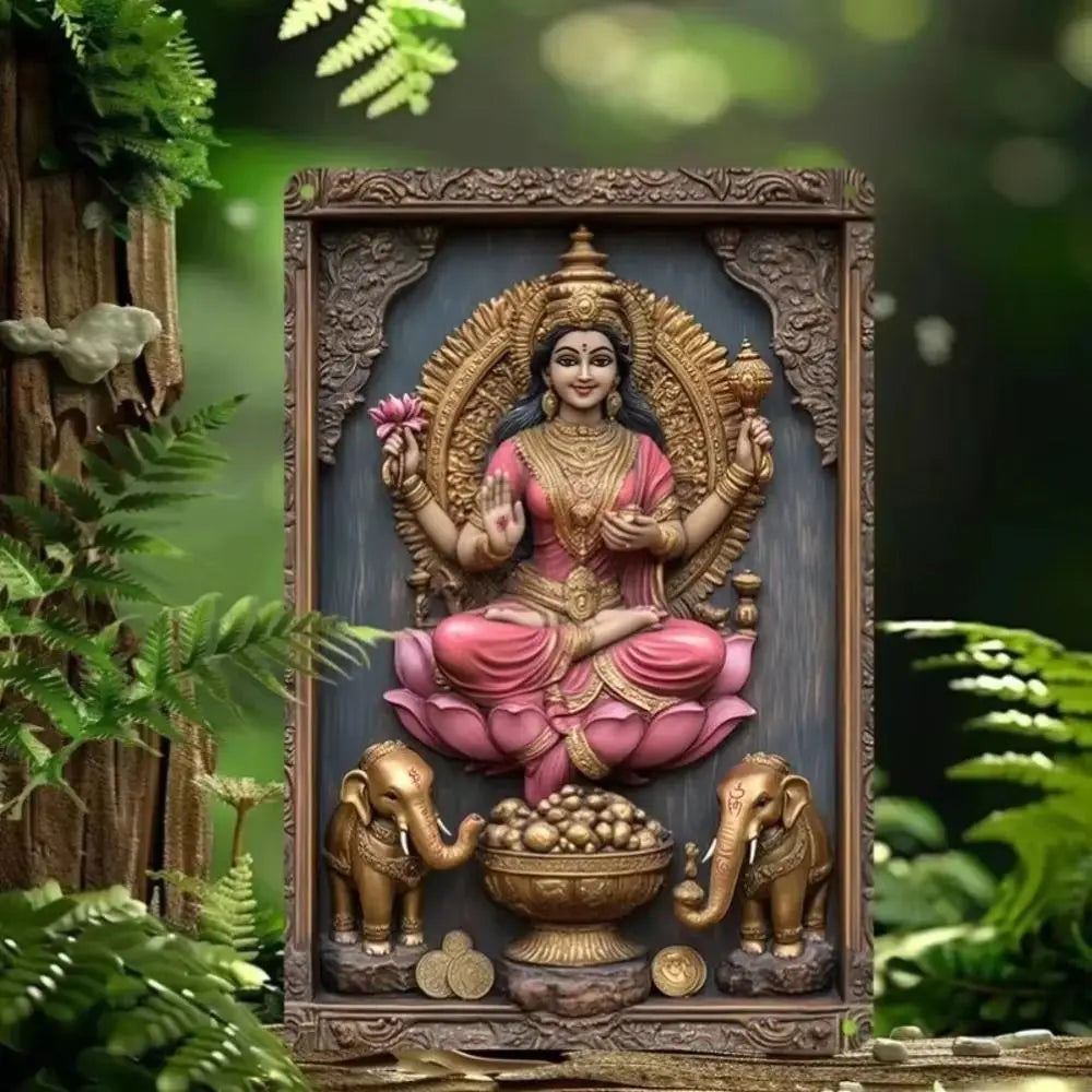 Metal Goddess Durga Lakshmi Statue - Iron Wall Art Decor with Gold Red Sari, 20x30cm Hindu Altar & Home Temple Decor, Spiritual