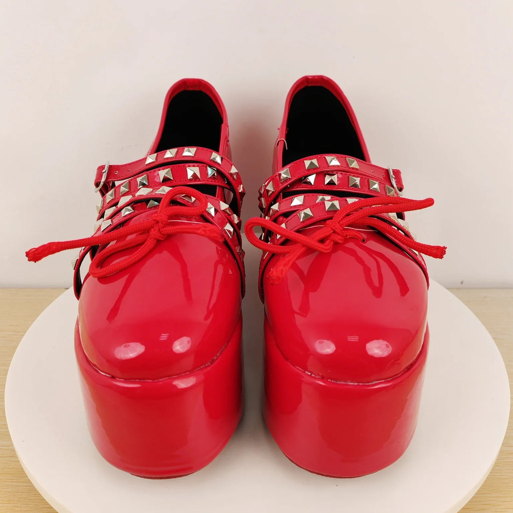 Bright Red Patent Studded Platform Mary Janes Multi Cutout Straps