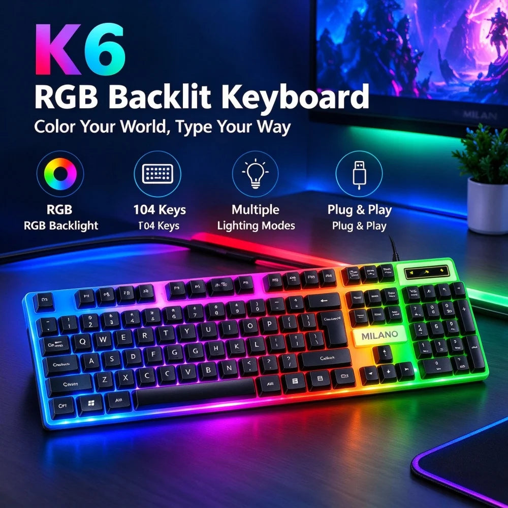 K6 Wired Gaming Keyboard, RGB Backlit, 104 Keys