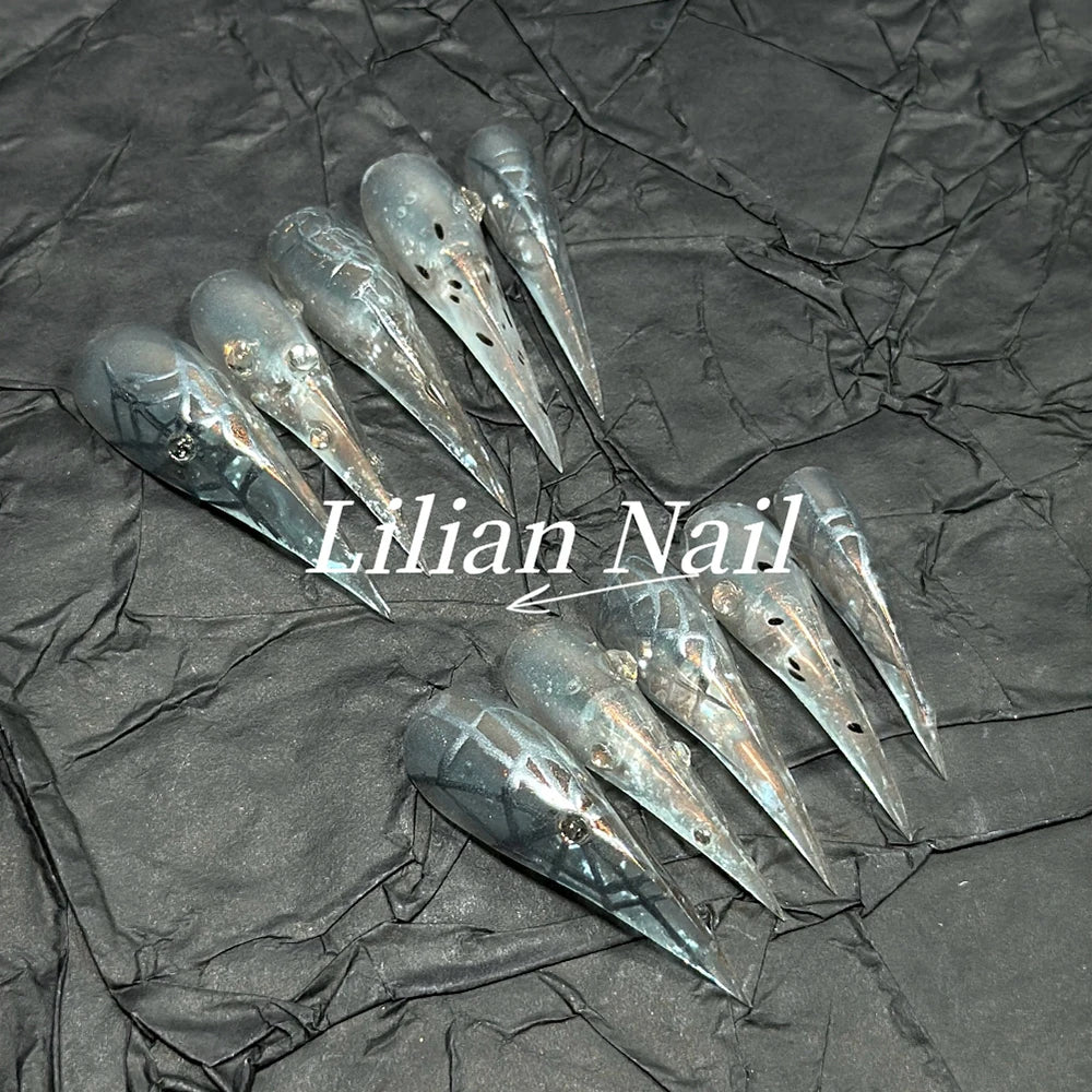 10Pcs Spice Girl Colorful Handmade Full Cover False Nail Y2K Long Dragon Shape Claw Cat Eyes Gradients Reusable Press On Nails