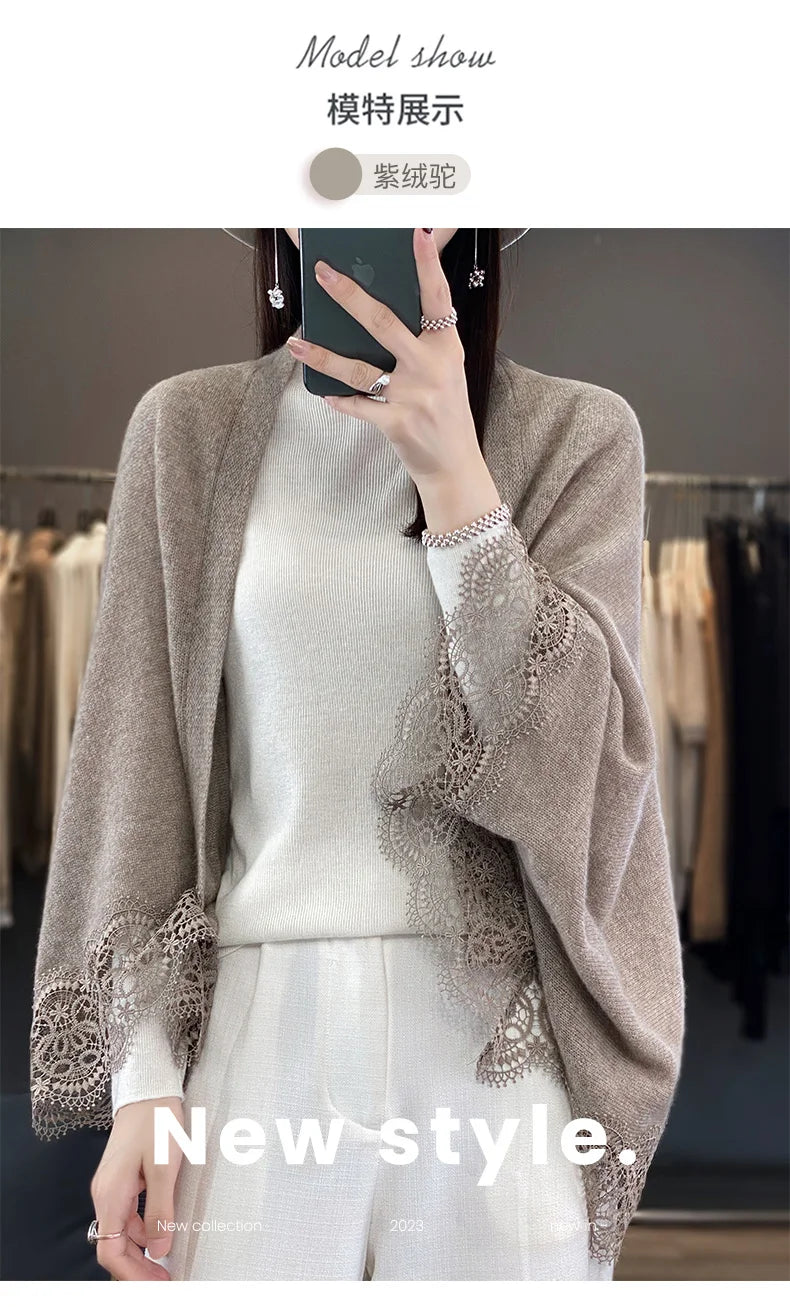 Popular Lace Edge 100% Wool Knitted Shawl Spring Autumn Thin Women's Soft, Skin friendly, Breathable, and Fashionable Cardigan
