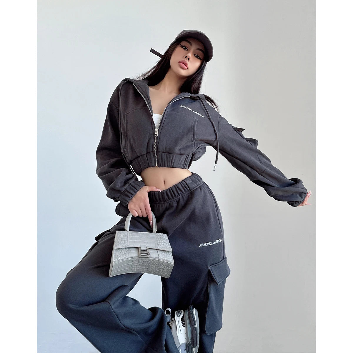 WOMENGAGA Short Zipper Sweatshirt Large Pocket Wide Leg Pants Two Piece Casual Plush Set For Winter Women Fashion Sweet 2PTB