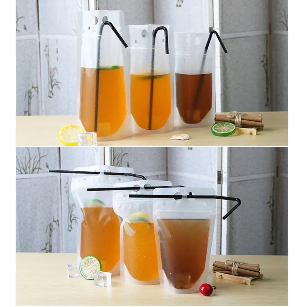 50Pcs Clear Plastic Drinking Packaging Bag Food Fresh Keeping Transparent Beverage Juice Milk Coffee Pouch Zip Bag Without Straw