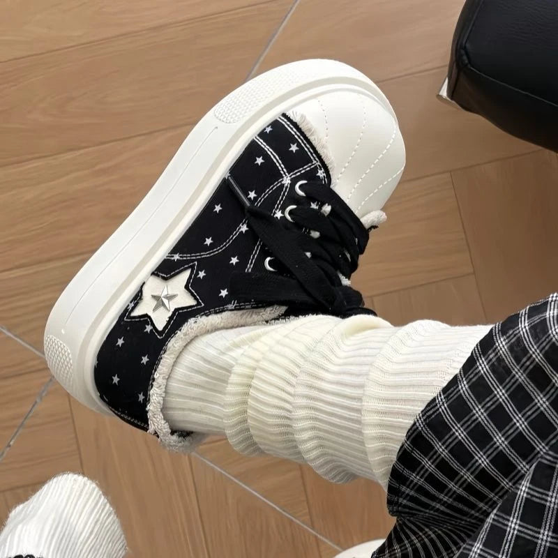 Star Patch Denim Platform Trainers Lolita Chunky Canvas Sneakers