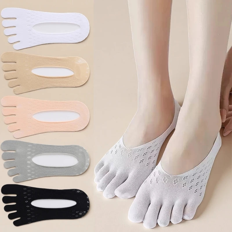 Women's Toe Socks, No Show Invisible Socks, Silicone Non-Slip Ladies Boat Socks, Low Cut, Breathable, Sweat Absorbing, Summer Thin