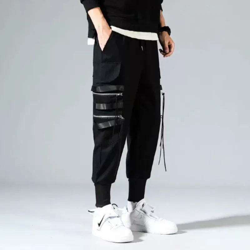 HKSH Spring Autumn New Outfit China-Chic Dark Ribbon Zipper Men Tide Dark Hooded Sweatshirt Original Punk Ins Cargo Pants HK0531