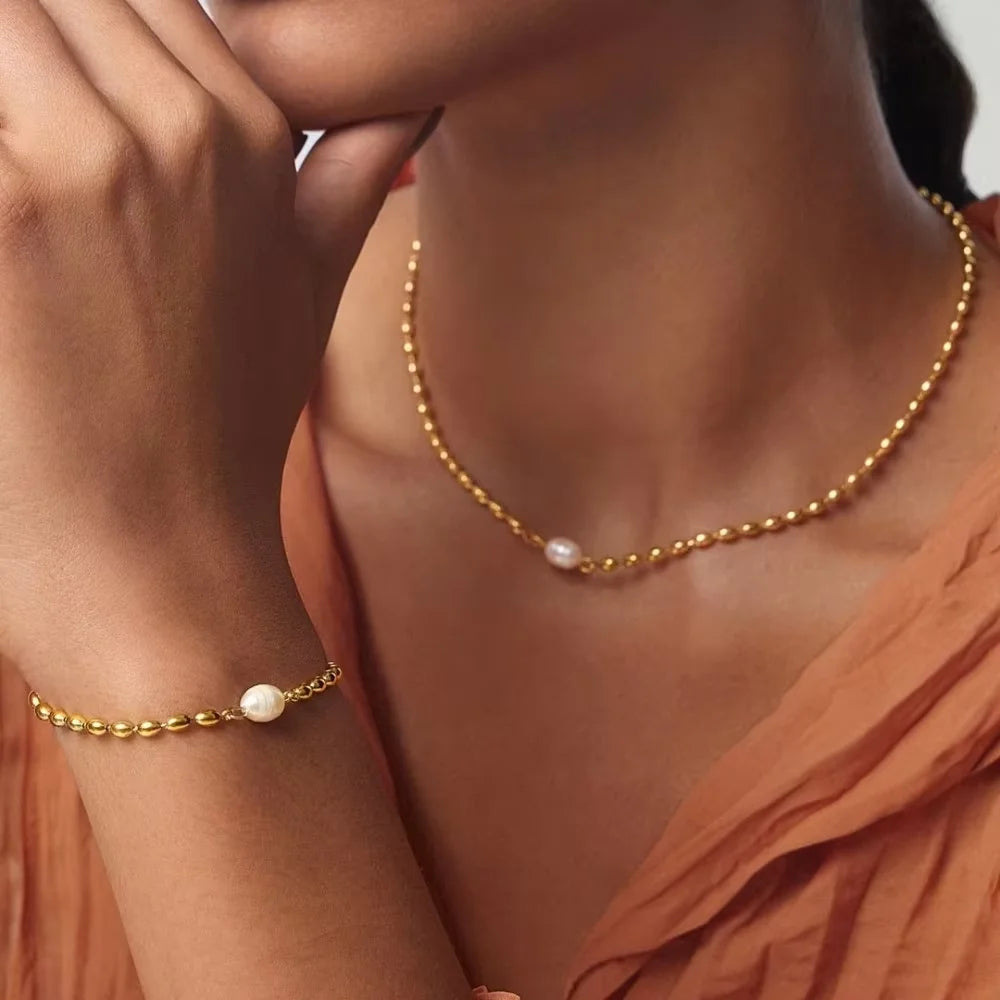 316L Stainless Steel Fashion Vintage Fake Round Pearl Beads Chain Necklace Bracelet Single Pearl Pendant Jewelry Set for Party