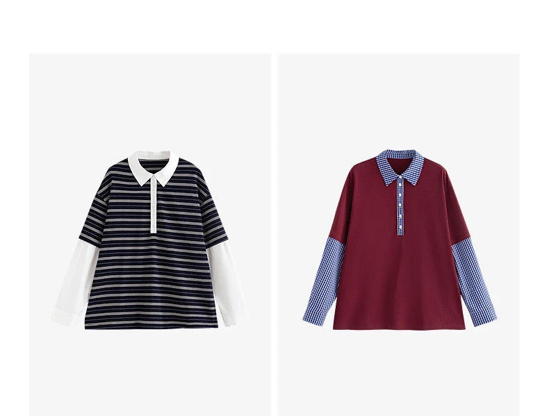 TOYOUTH Women Hoodies Sweatshirt 2025 Autumn New Spliced Fake Two Piece Polo Collar Striped Casual Pullover Tops