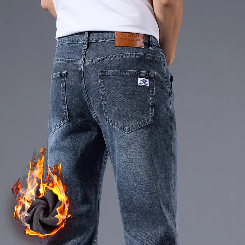 Men's Winter Fleece Thicken Lightweight Business Straight Leg Jeans