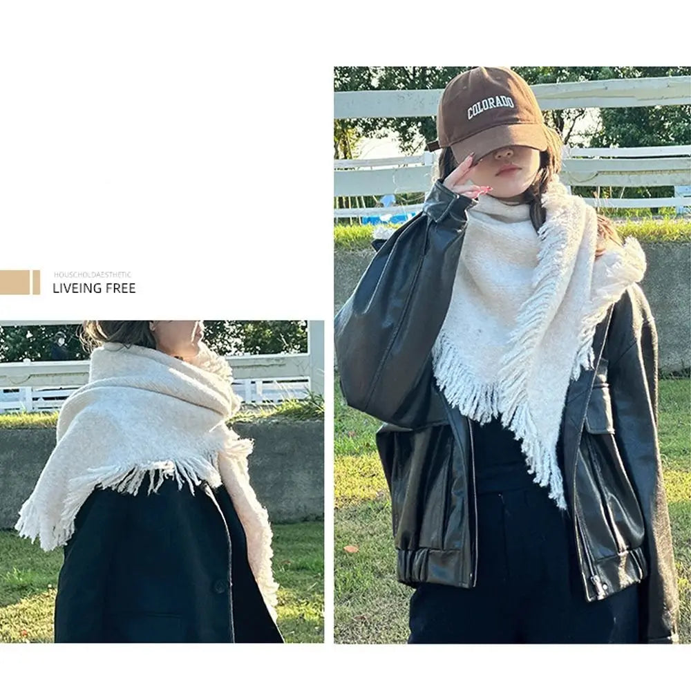 High Quality Winter Triangle Shawl Versatile Tassel Knitted Shawl Wraps Thickned Cold Proof Blanket Scarf for Women