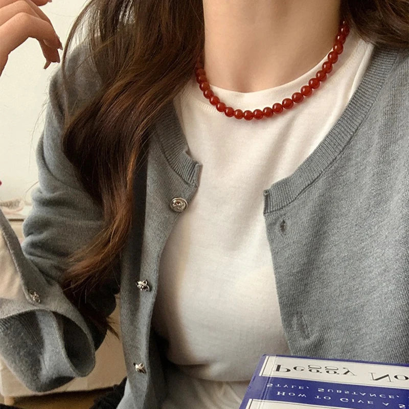 Vintage Red Beaded Necklaces For Women Chinese Style Glass Beads Necklace Exquisite Elegant Choker Aesthetic Jewelry Accessories
