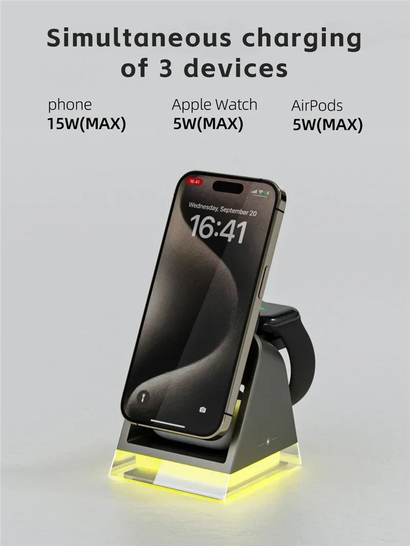 3 in 1 LED Light Magnetic Wireless Charger for iPhone 15 14 13 12 Pro Max iWatch 8 7 Airprods Pro Fast Wireless Charging Station