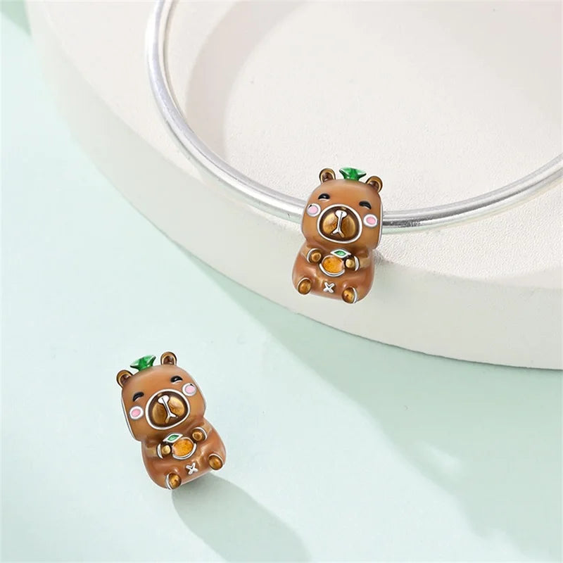 Cute Pet Series Capybara Couples Charms Eat Fruit Beads Fit DIY 925 Silver Bracelet Necklace Women Anniversary Jewelry Gift