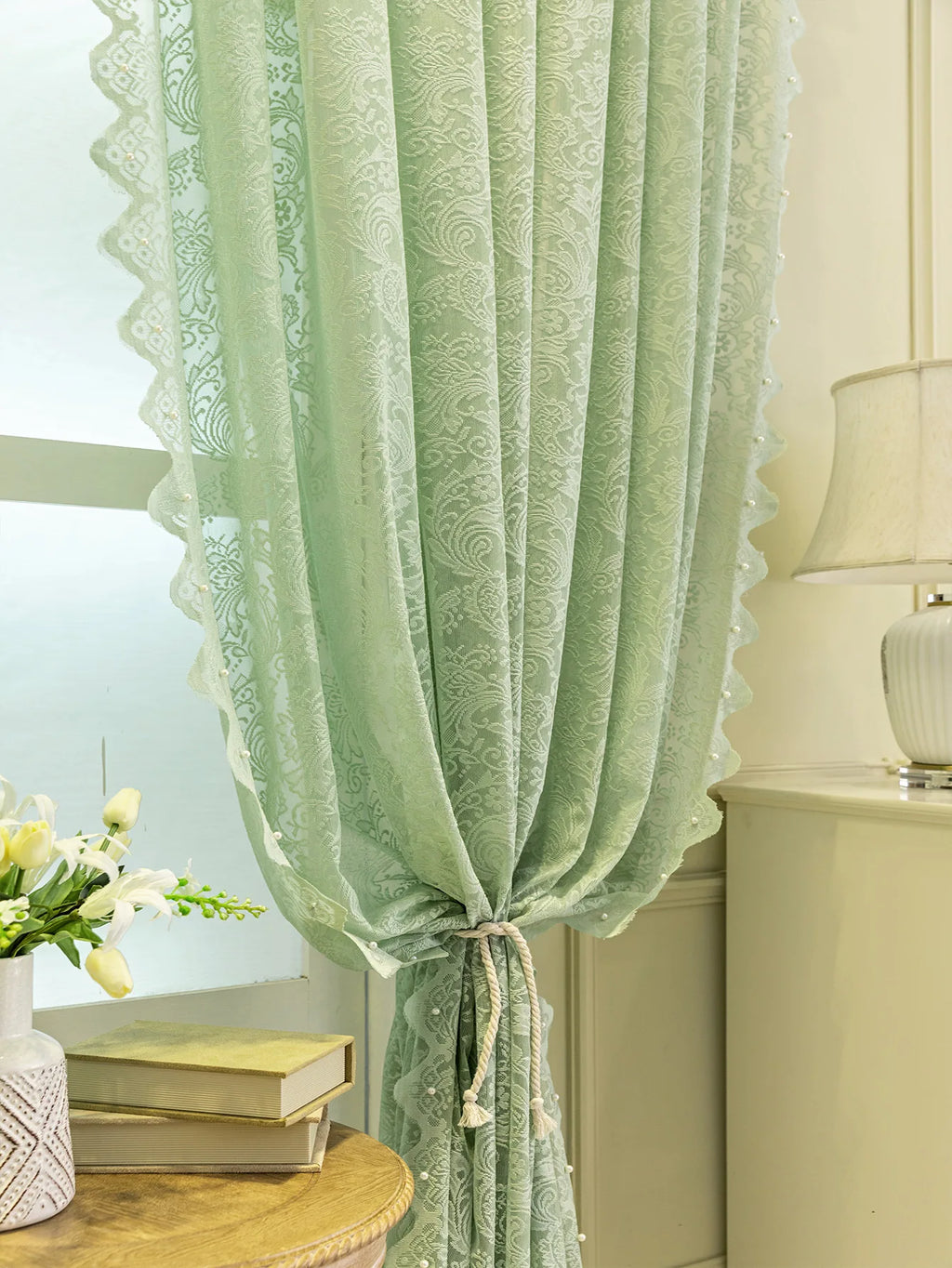 Lace Beaded Modern Simple Window Screen Curtains for Living Dining Room Bedroom