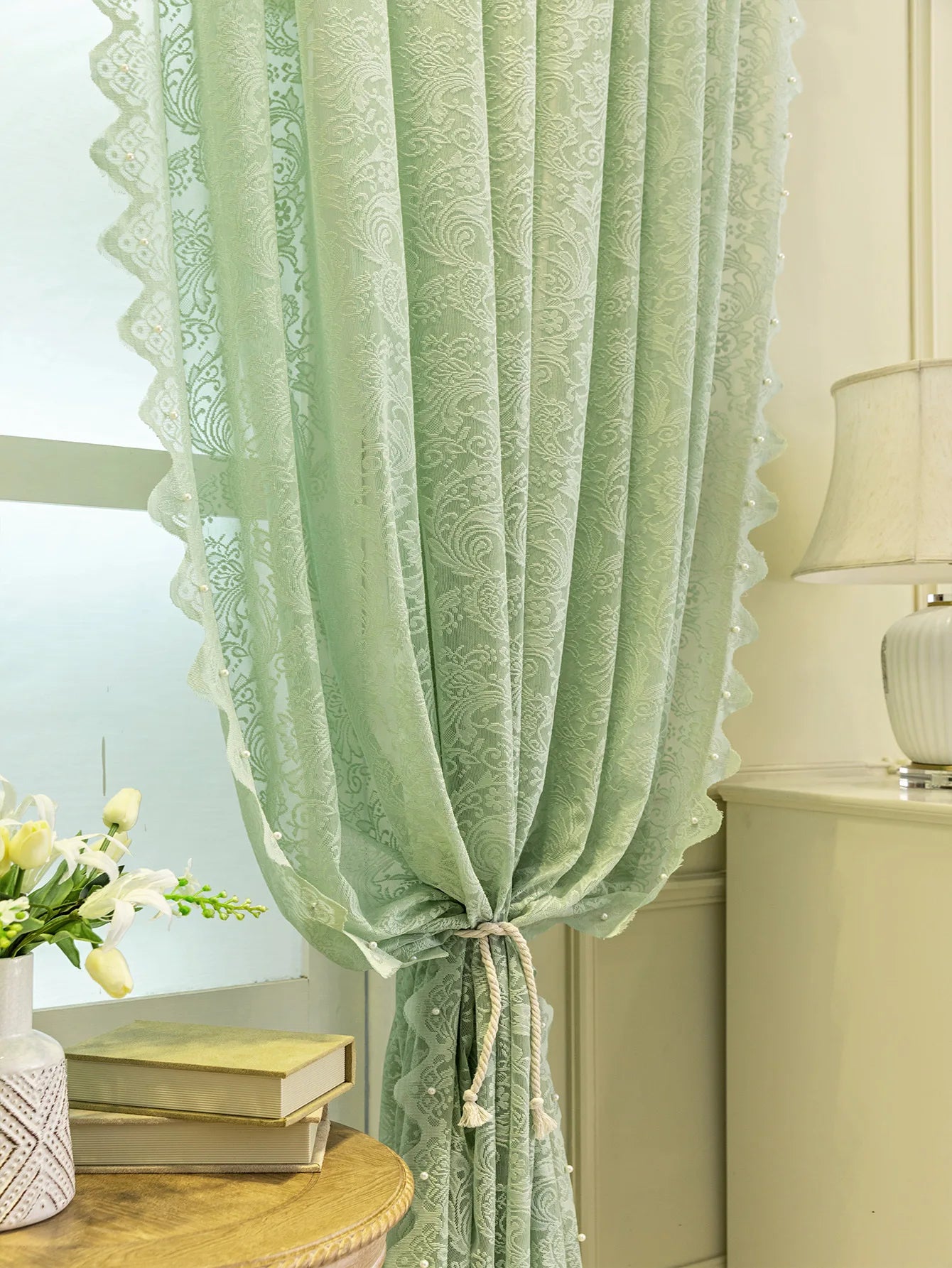 Lace Beaded Modern Simple Window Screen Curtains for Living Dining Room Bedroom
