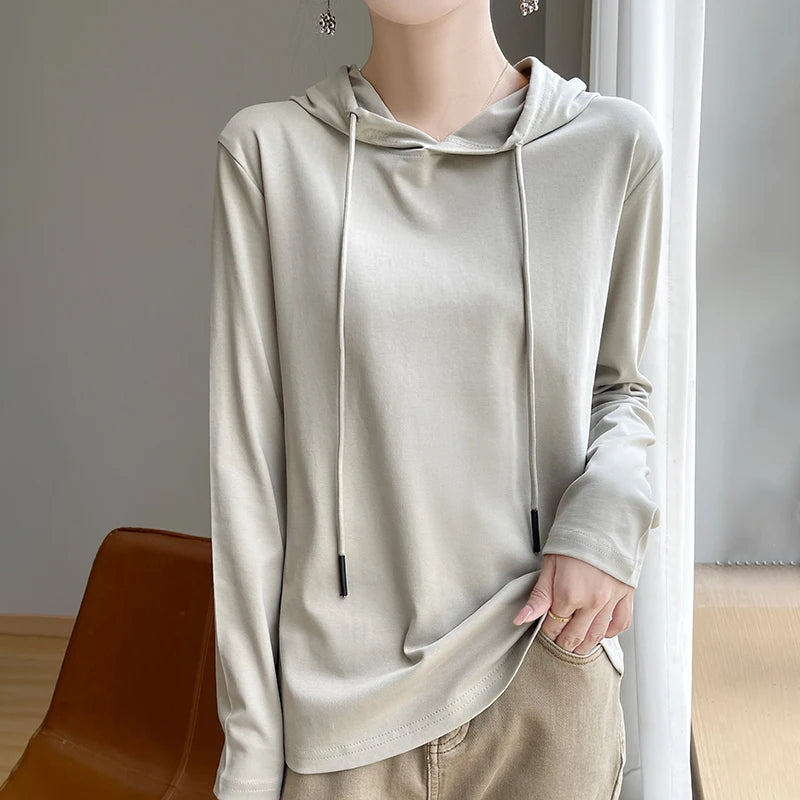 Spring Summer 100% Mercerized Cotton Hoodie Women Loose Straight Tops Simple Casual sweatshirt For Minimalist 2025