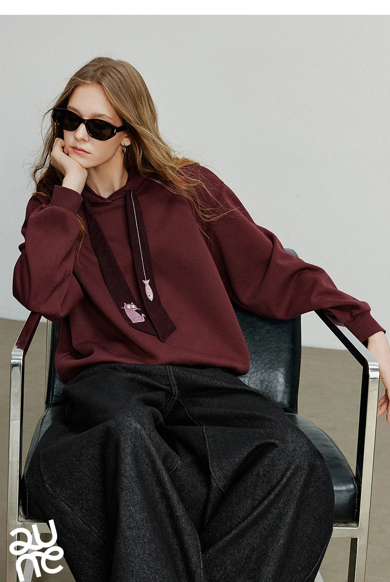 TOYOUTH Women Hoodies Sweatshirt 2025 Autumn New College Style Cat Embroidery Tie Cotton Hooded Pullover Tops