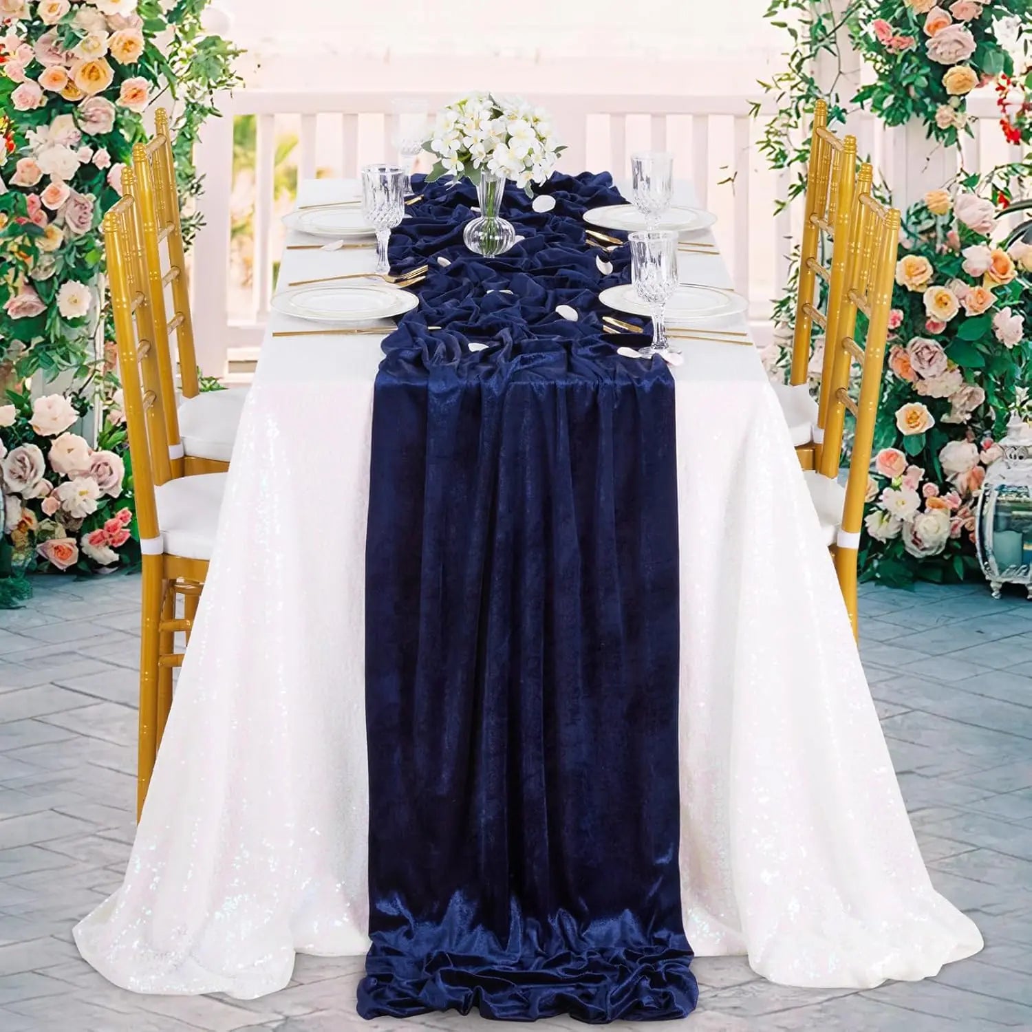 1pc Navy Blue Velvet Table Runner: 29x120 Inches Table Runners - 10ft Long Stretch Velvet Fabric for Reception Table Decorations