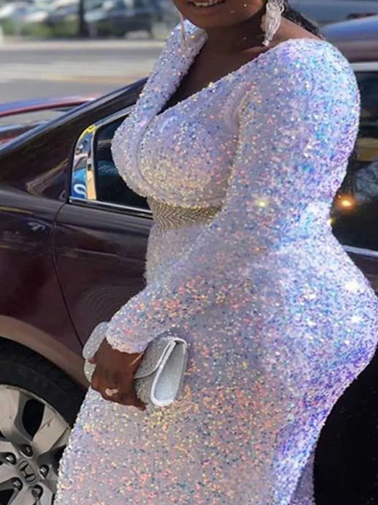 Woman Clothts Long Sleeve Maxi Dress High Waist New Year Luxury Sequined Party Sparkly Dresses V Neck Elegant Evening Dresses