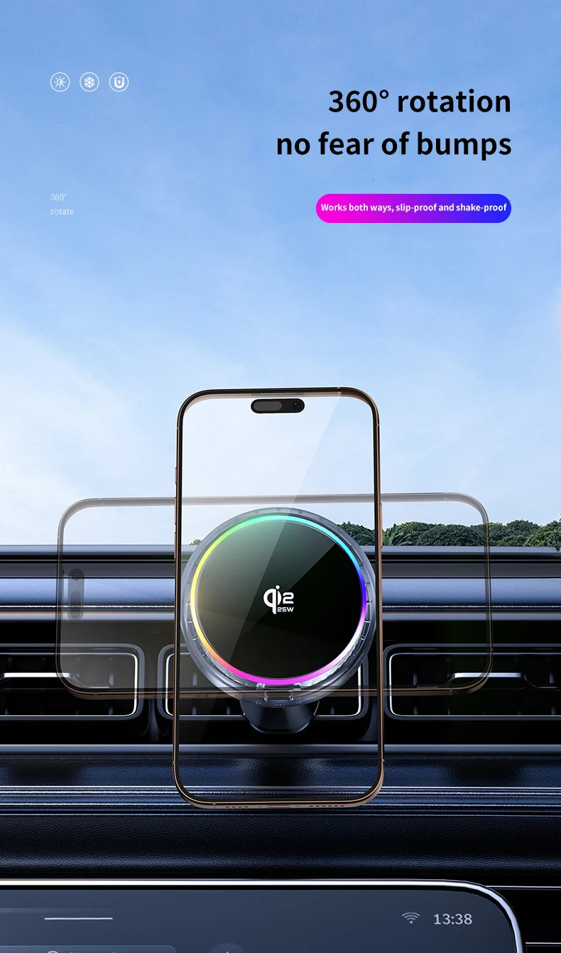 Car Magnetic Wireless Charger Qi2.2 25W Air Cooling RGB Light  Phone Holder For Magsafe iPhone 17 16 15 14 13 12 Fast Charging