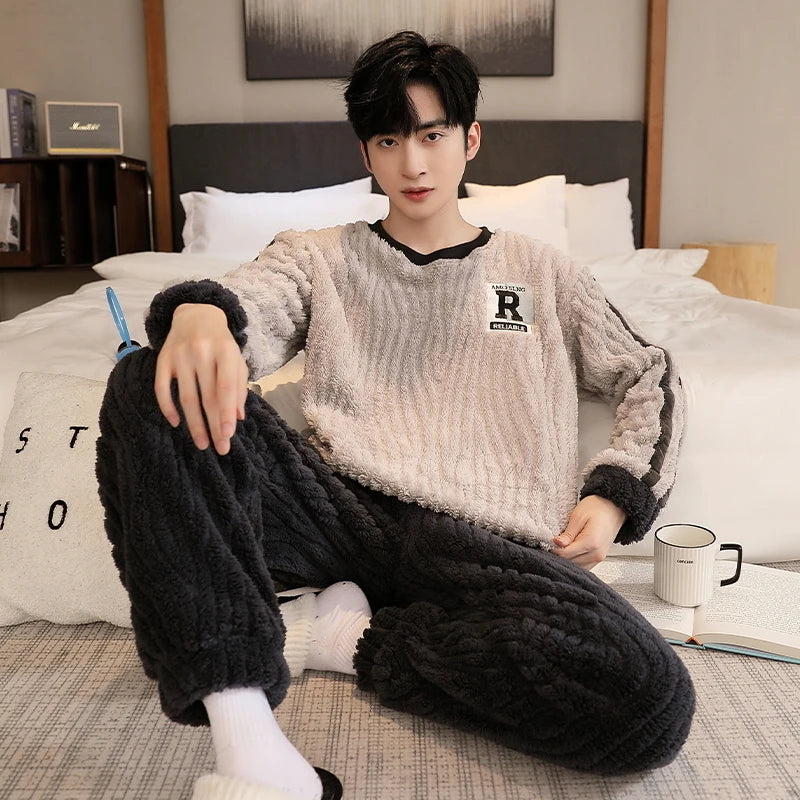 Men's Winter Jacquard Weave Flannel Pajamas Set Coral Fleece Cartoon Sleepwear Homewear Thick Warm Male Suit Fall Sweatshirt 5XL