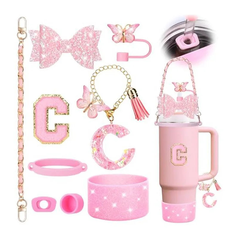 9PCS Set Bling Pink For Stanley Cup Cute Bow Letter Decoration 30oz 40oz Cup Spill Proof Stopper Keychain Handle Cup Accessoriy