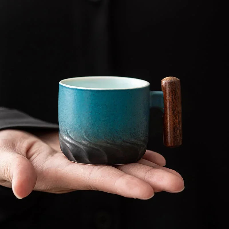Blue Ceramic Coffee Mug Retro Wooden Handle Filter Tea Mug Office Water Cup Solid Color Gradient Glaze Coffee Cup TeaCup