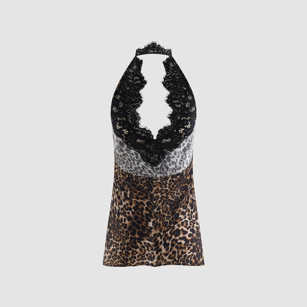 Women Leopard Print Halter Cami Top Lace Trim v Neck Sleeveless