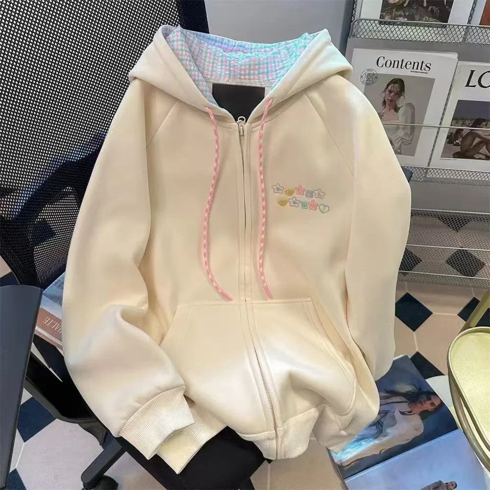 Sweet Cute Sweatshirt Jacket Loose Versatile Girly Style Kawaii Striped Zip Hood Autumn and Winter Embroidery Coat