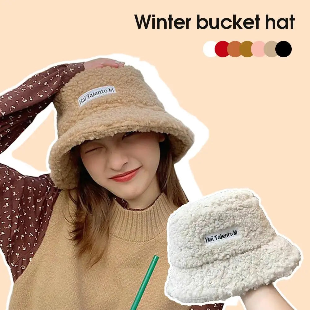 Korean Fisherman Hat Pure Color Warm Embroidered Letter Beanie Plush Light Weight Cap Unisex Casual Bucket Hat
