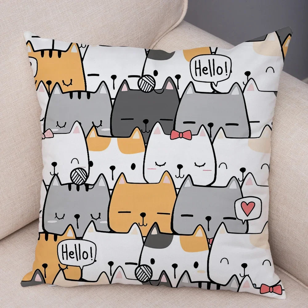 Cute Pet Hello Cat Cushion Cover Double Print Soft Plush Pillowcase for Sofa Home Car Decor Cartoon Animal Pillows Case 45x45cm