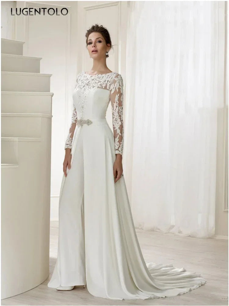Elegant Jumpsuits Women Perspective Long Sleeve Lace White Lady Straight High Waist Spring Fake 2 Pieces Jumpsuit Lugentolo