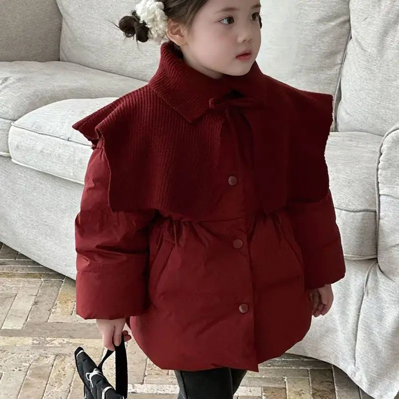 Beige/Red Girls Baby Winter Coats Knitted Shawl Thick Warm Jackets Fashion Kids Children Princess Clothes Overcoats Outerwear