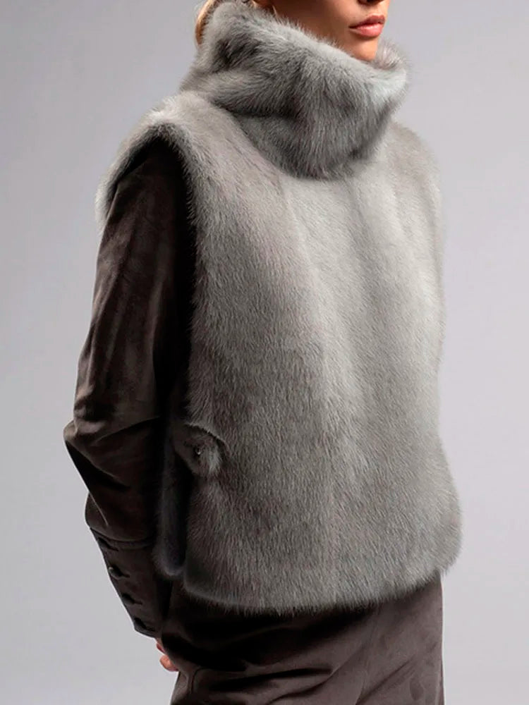 Grey Sexy Turtleneck Faux Fur Vests Womens Winter Coats 2026 Fashion Slim Sleeveless Casual Furry Jackets Female Outerwears